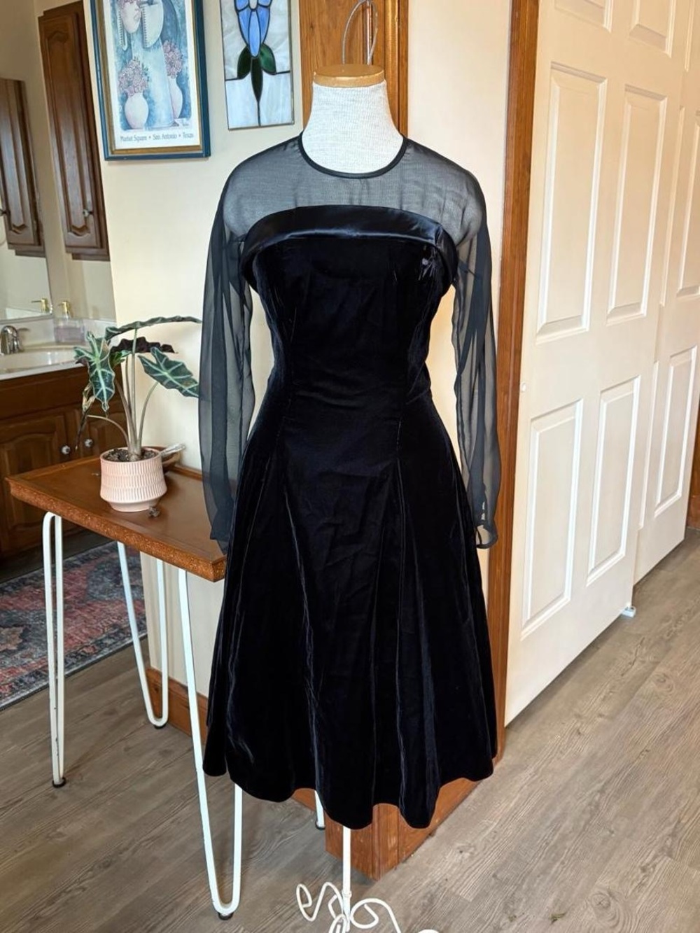 Vintage Black Velvet Fit-and-Flare Dress with Sheer Sleeves